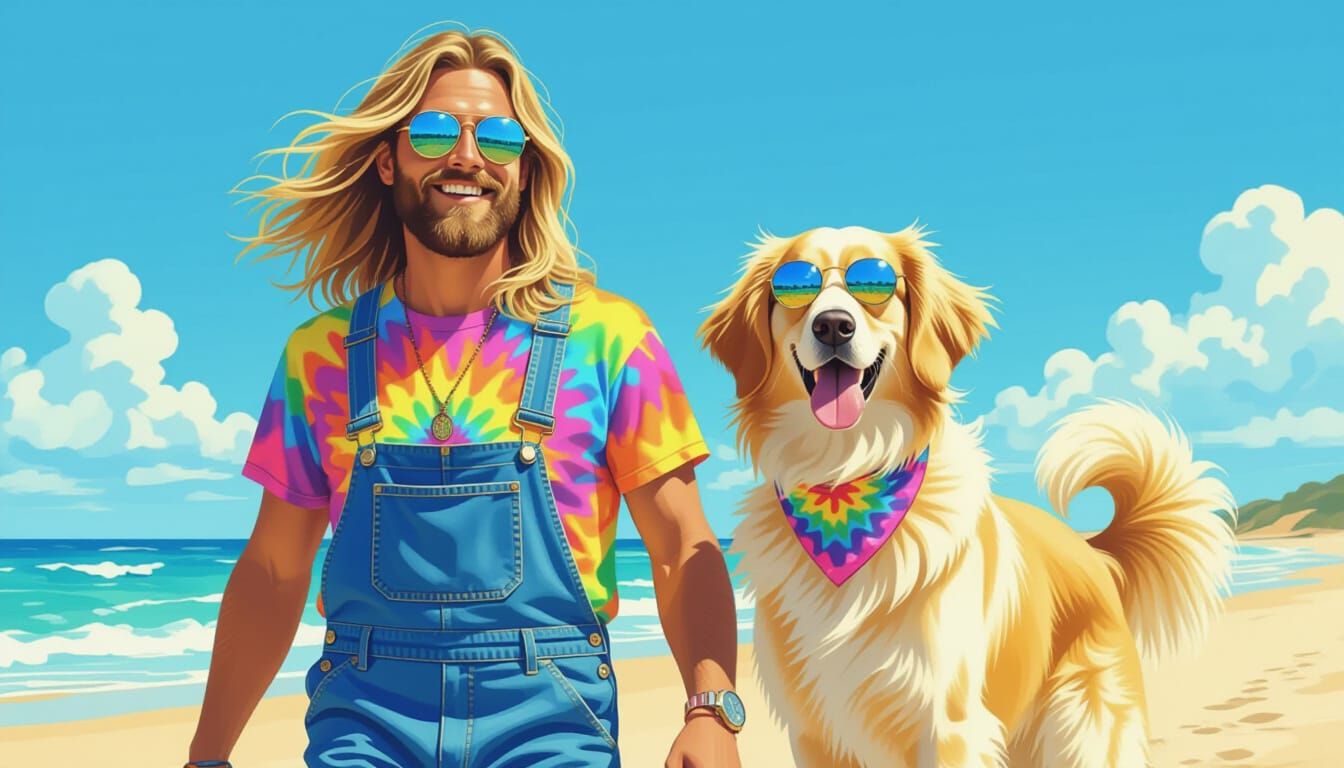 Hippie Man and Afghan Hound on Sunny Beach