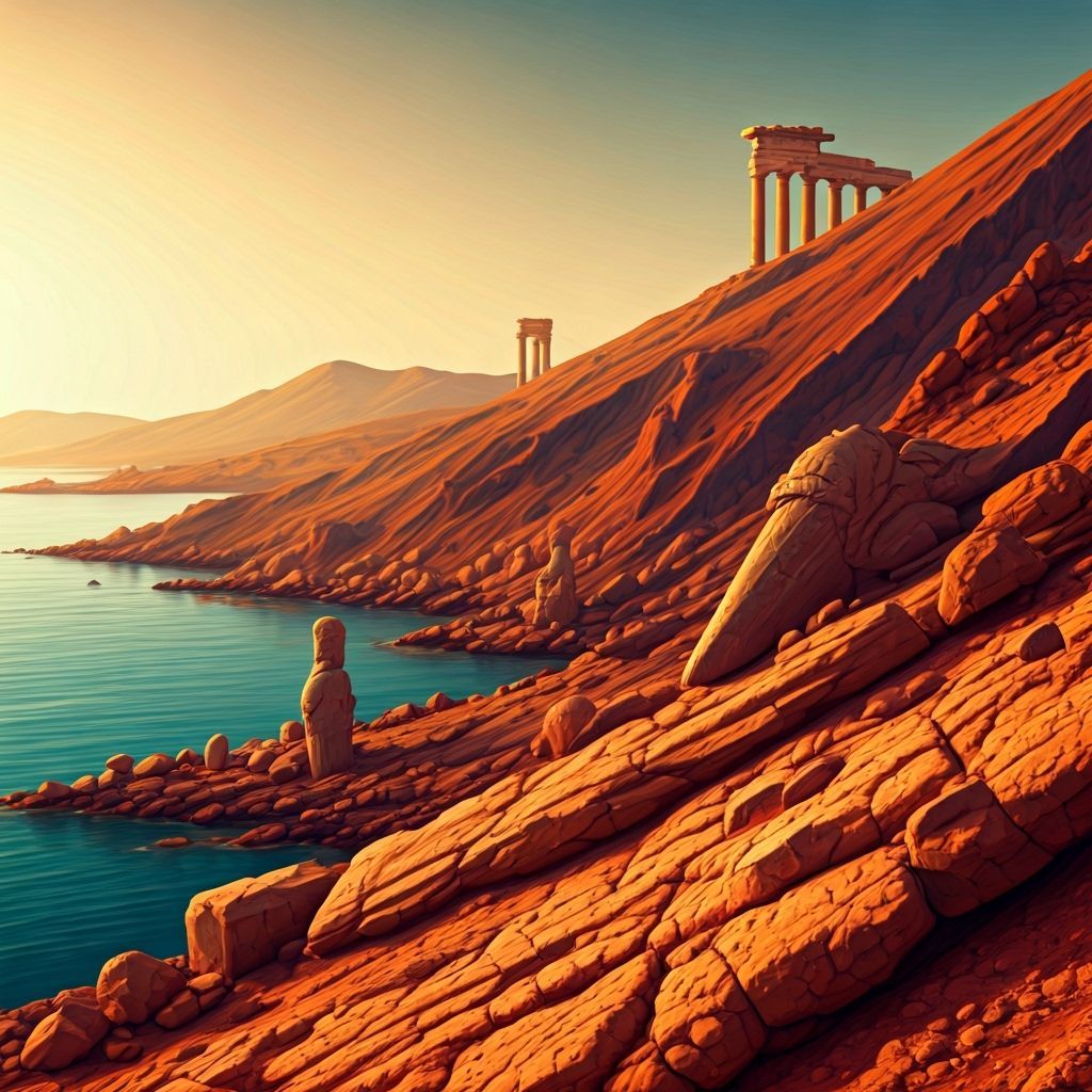 Martian Coastline with Greek Ruins in Haunting Digital Art