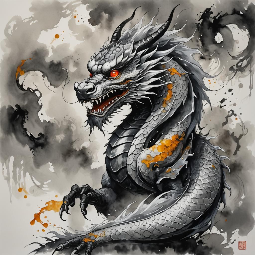 Silvery Japanese Dragon in Sumi-e Style