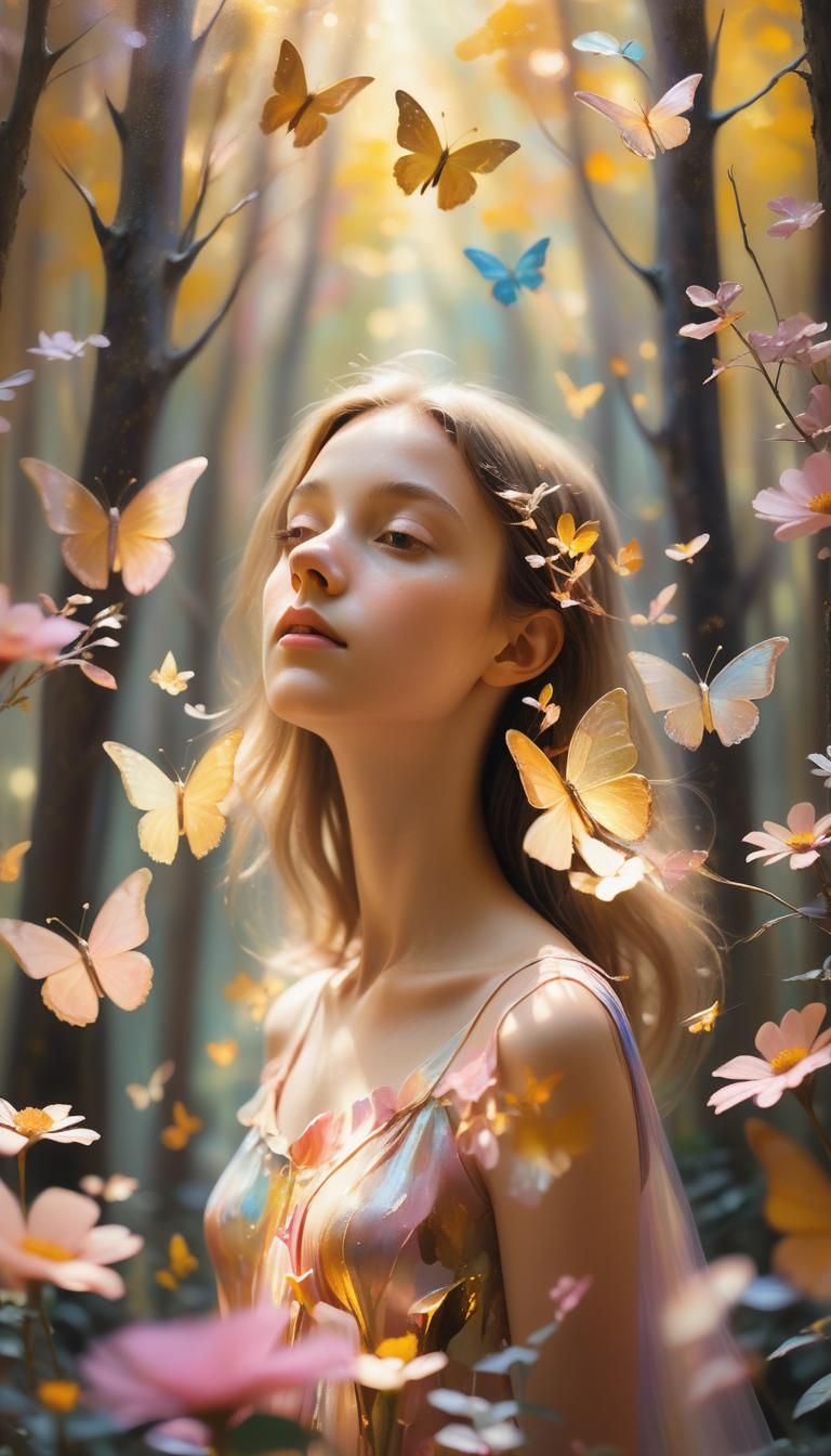 Girl in Dreamlike Forest: Surrealist Oil Painting