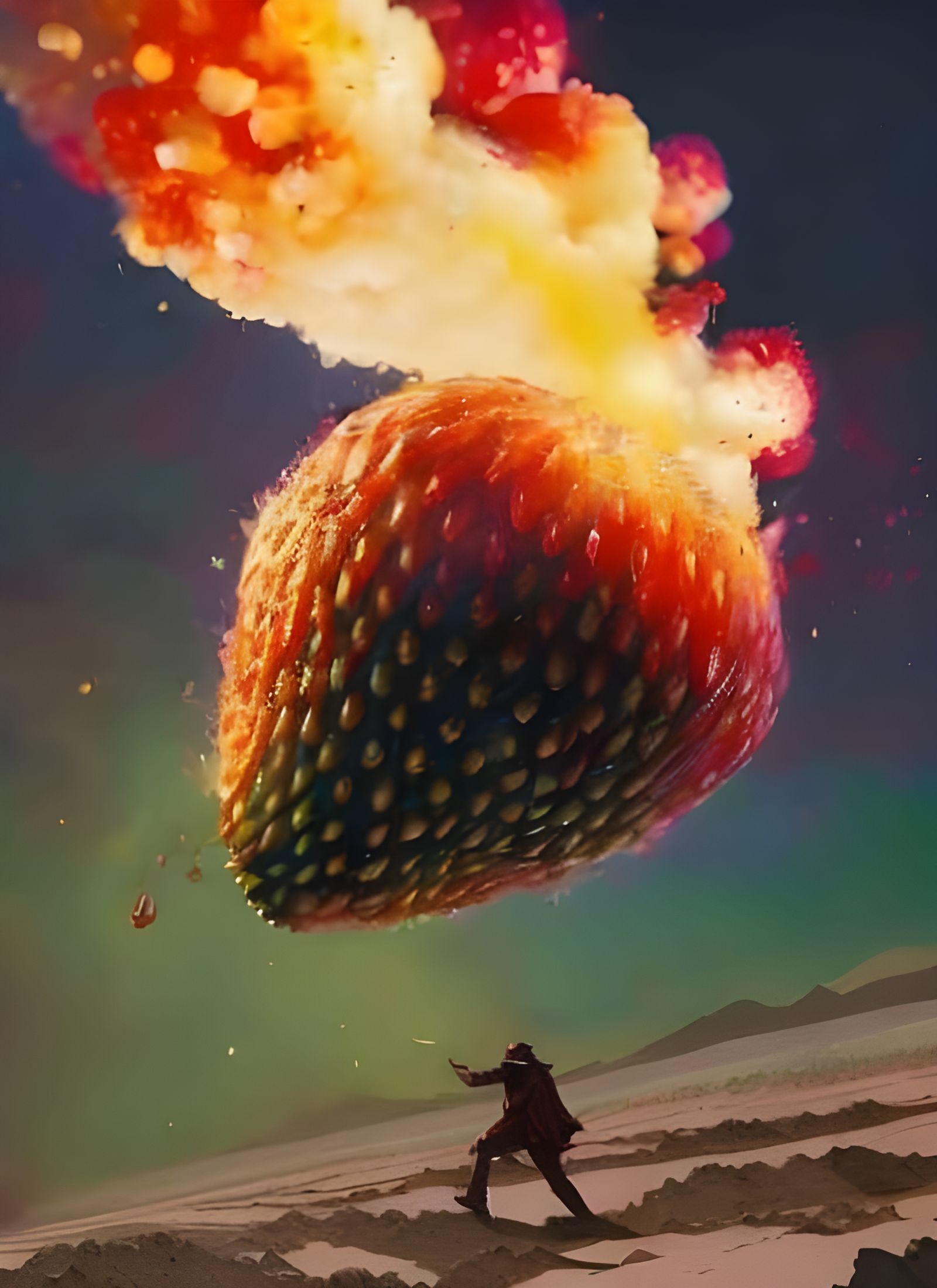 Strawberry Grenade Explosion in Composite Art Style