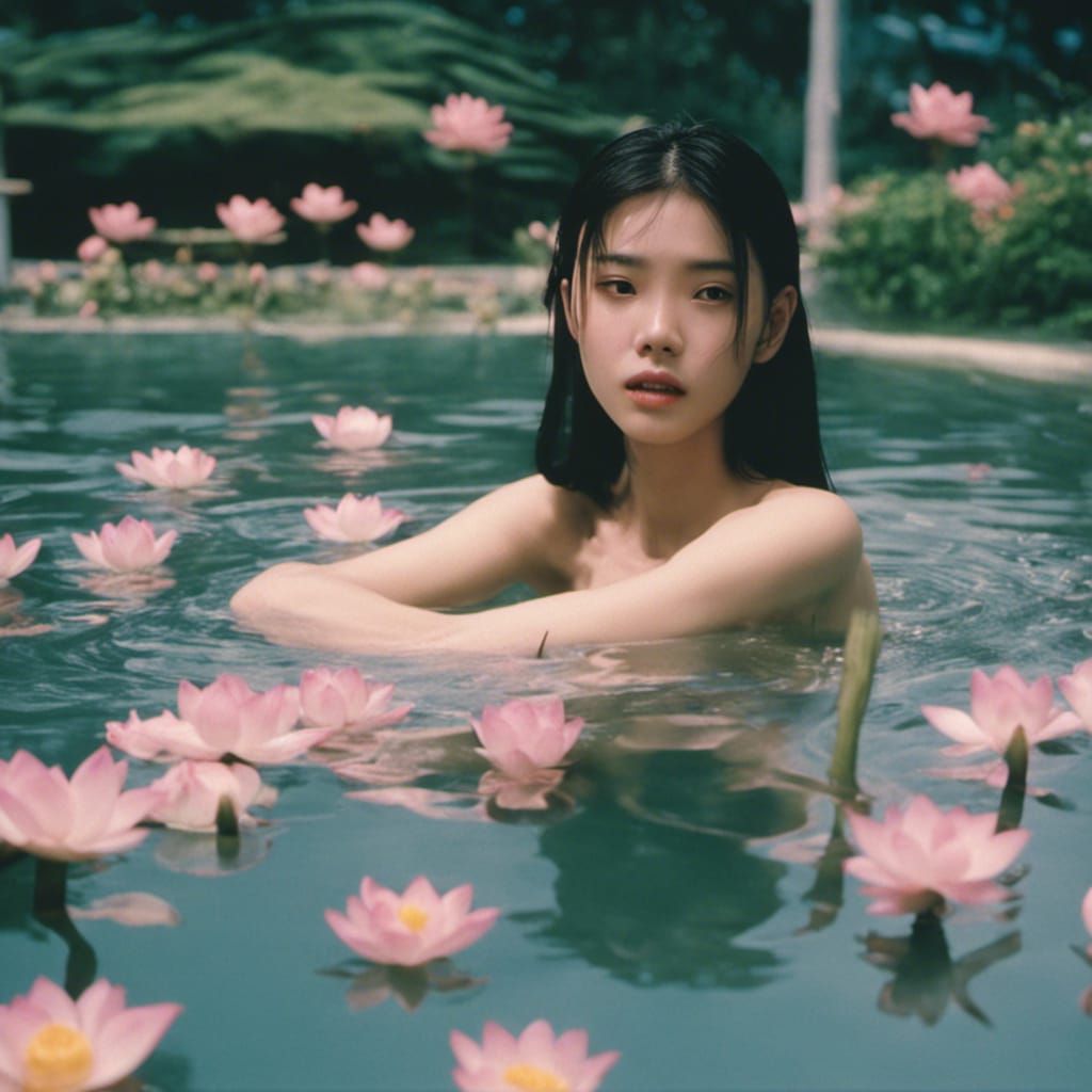 Photo from 1994 Taiwanese film with Taiwanese teenage girl swimming in a pool full of beautiful lotus flowers