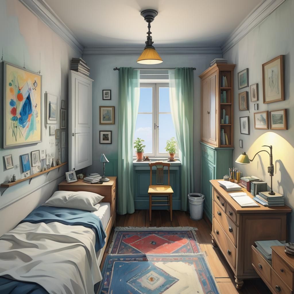 A small bedroom with a double bed facing the window and with...