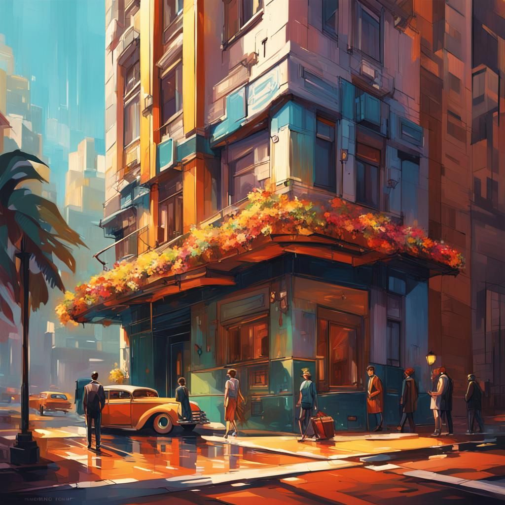 Art deco apartment, with people,  robot.