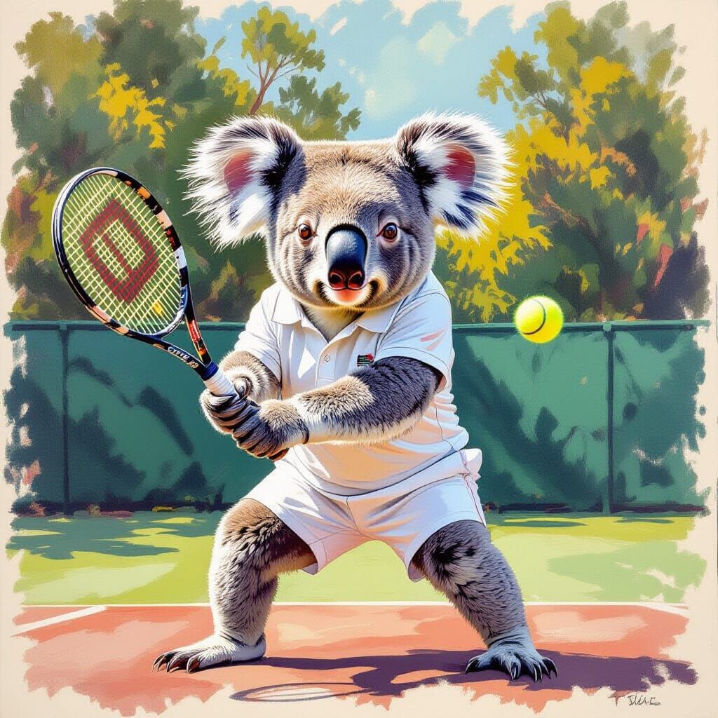 a koala in white outfit plays tennis at the wombledon open hyperdetailed charcoal drawing in Gouache Style, Watercolor, ...