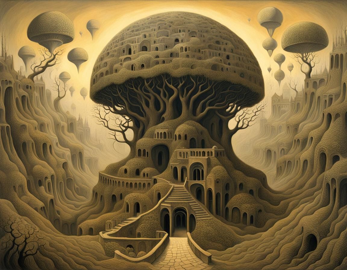 Surreal Tree-like Structure with Architectural Elements