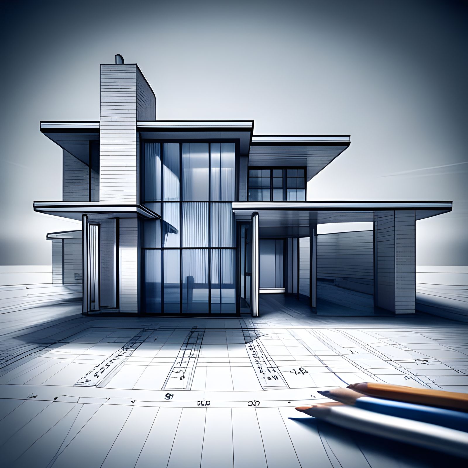 A "Blueprint" drawing by an architect of a very modern house