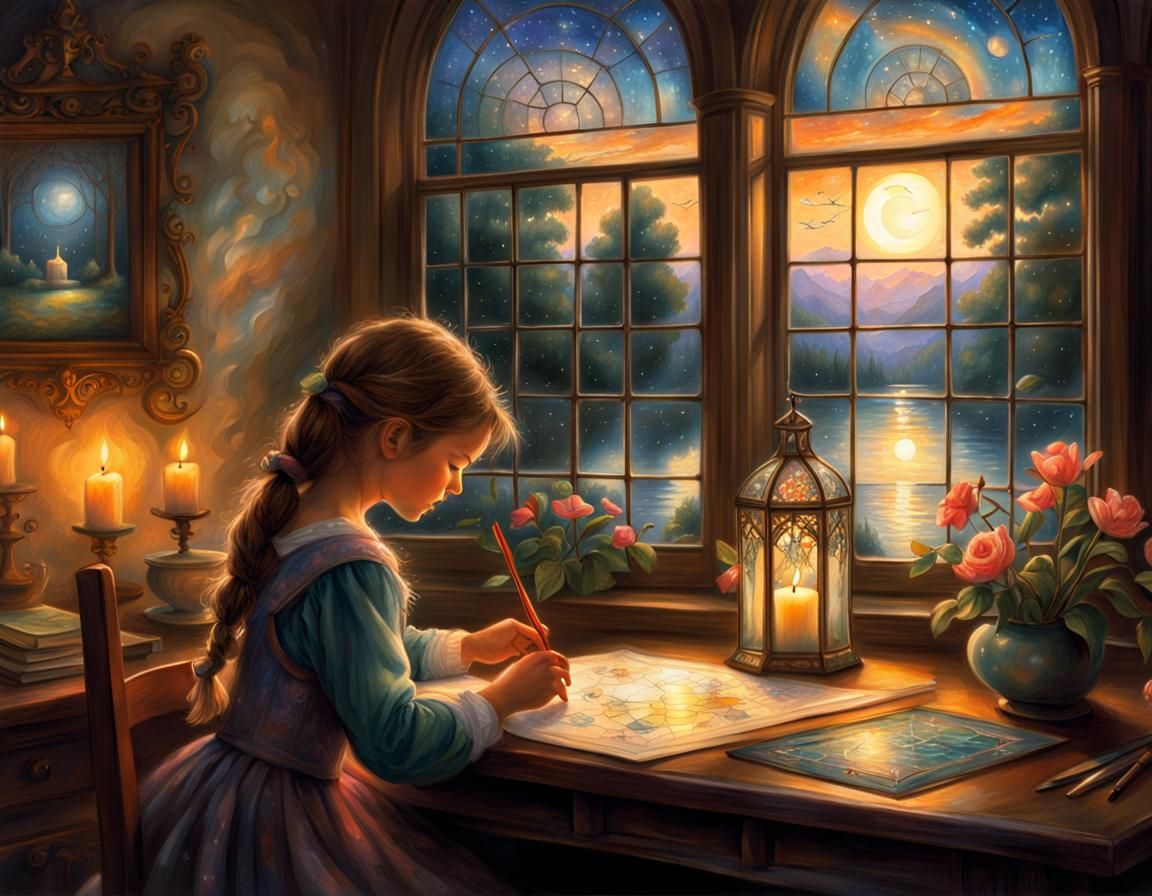 Little Girl Designs Stained Glass Window at Sunset