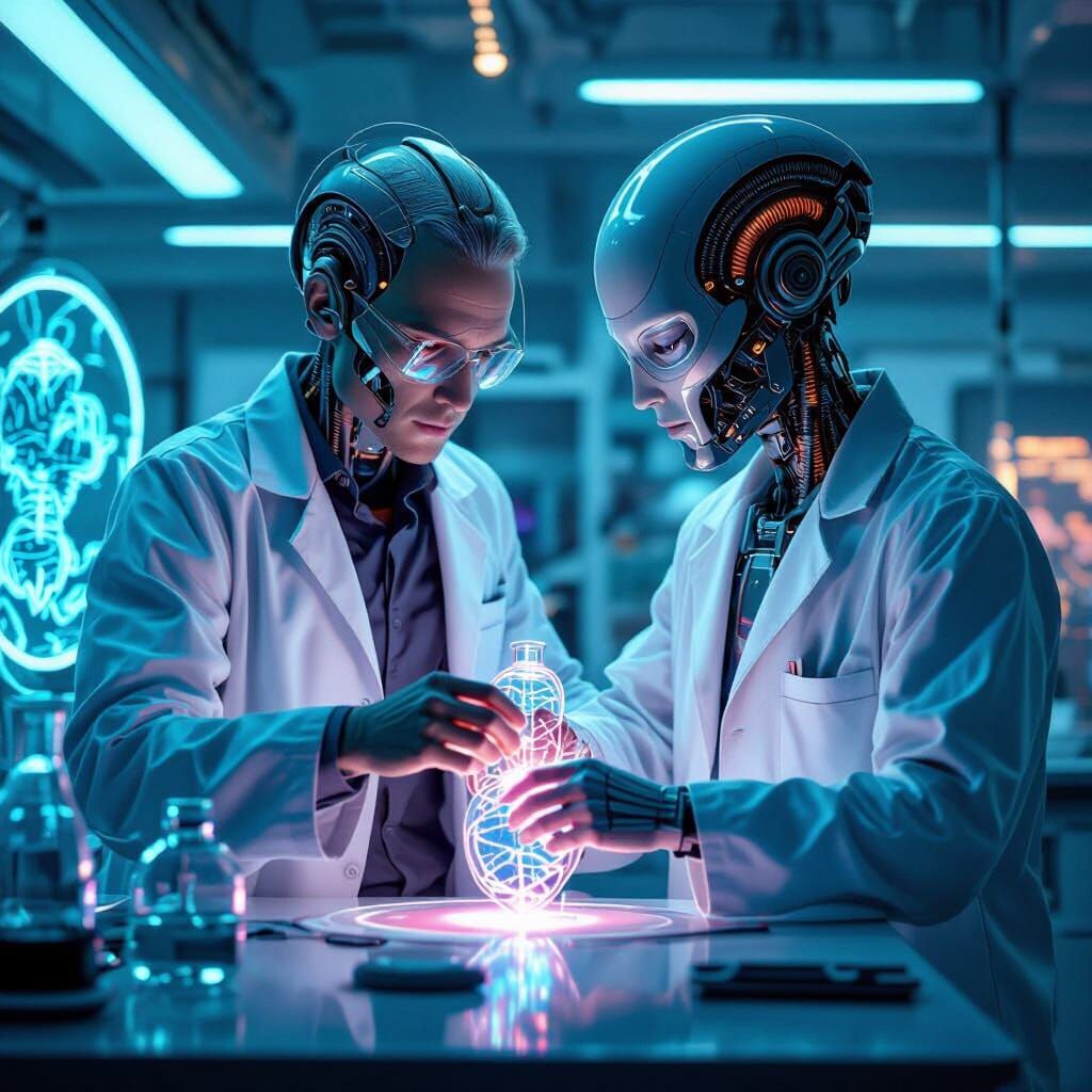 Humanoid Fusing DNA in Futuristic Sci-Fi Lab