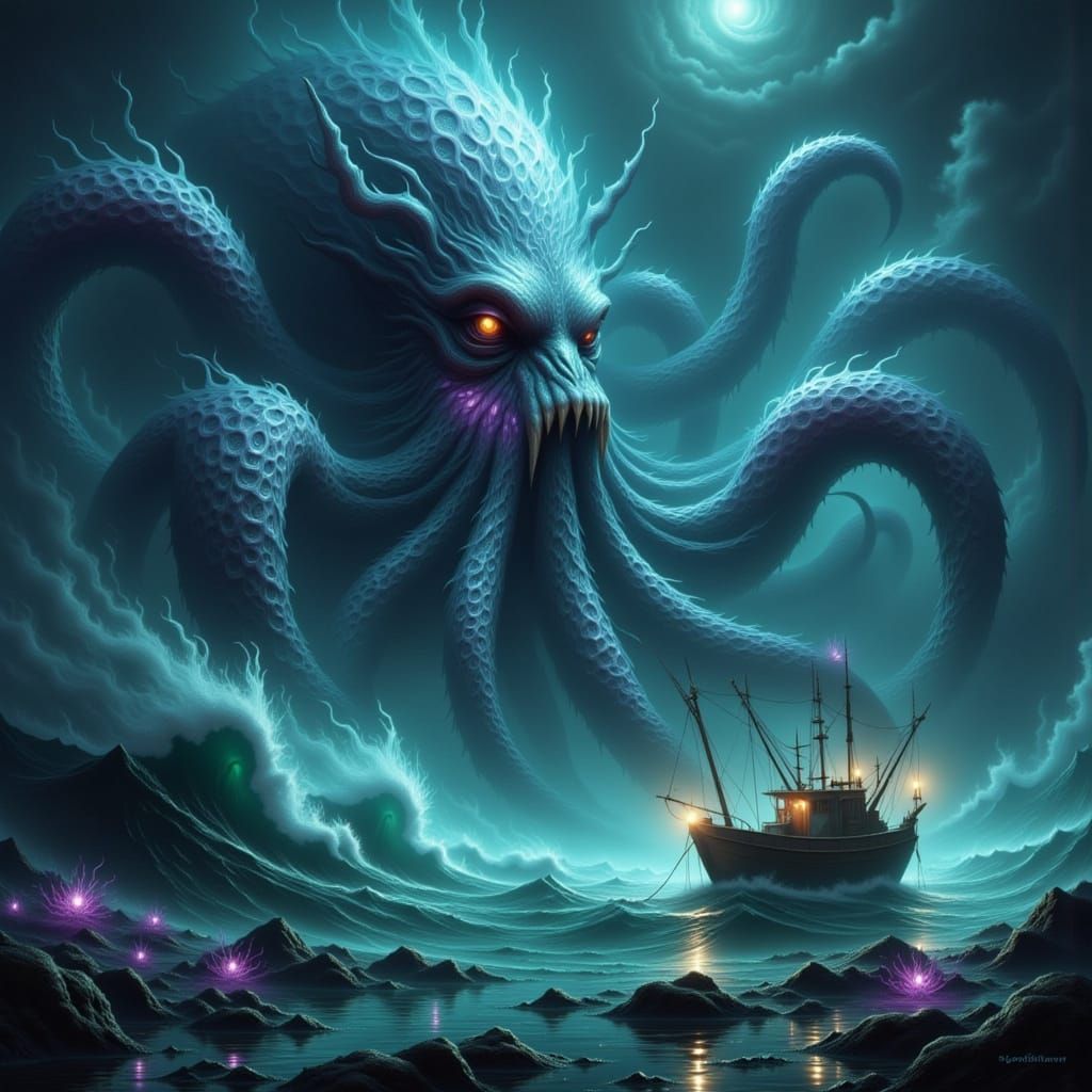 Giant Bioluminescent Octopus Attacks Fishing Trawler in Surr...