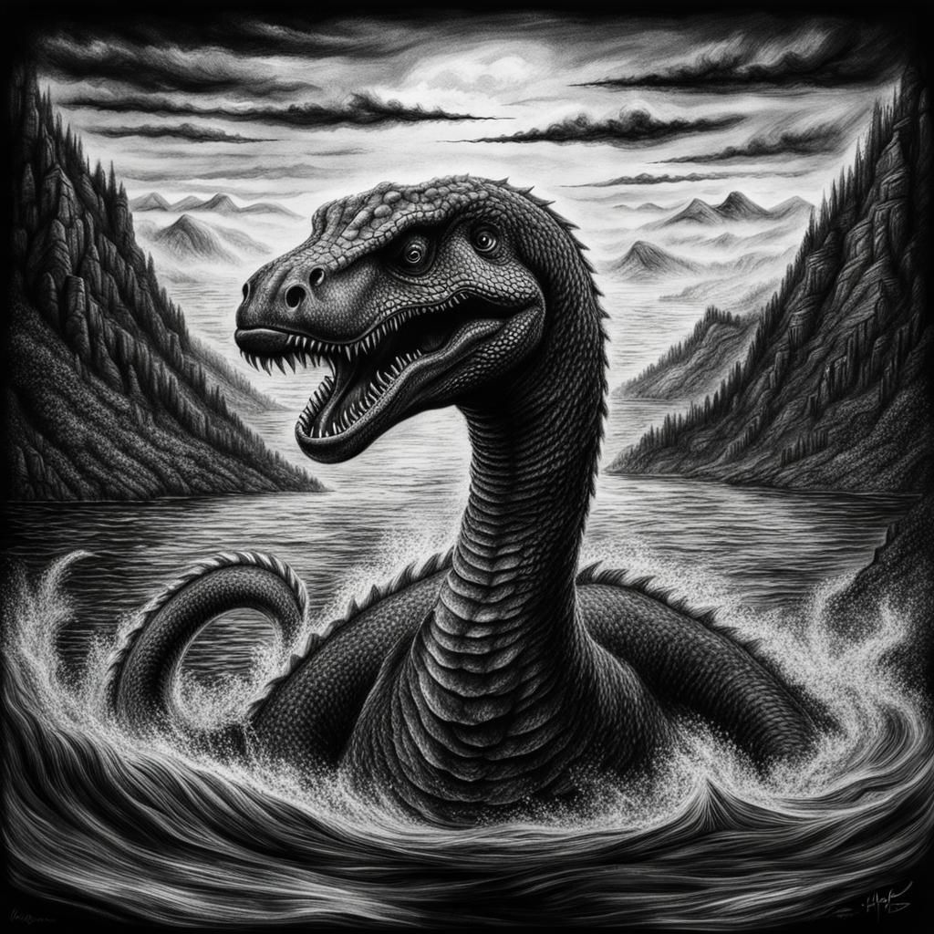 Detailed Charcoal Drawing of Loch Ness Monster