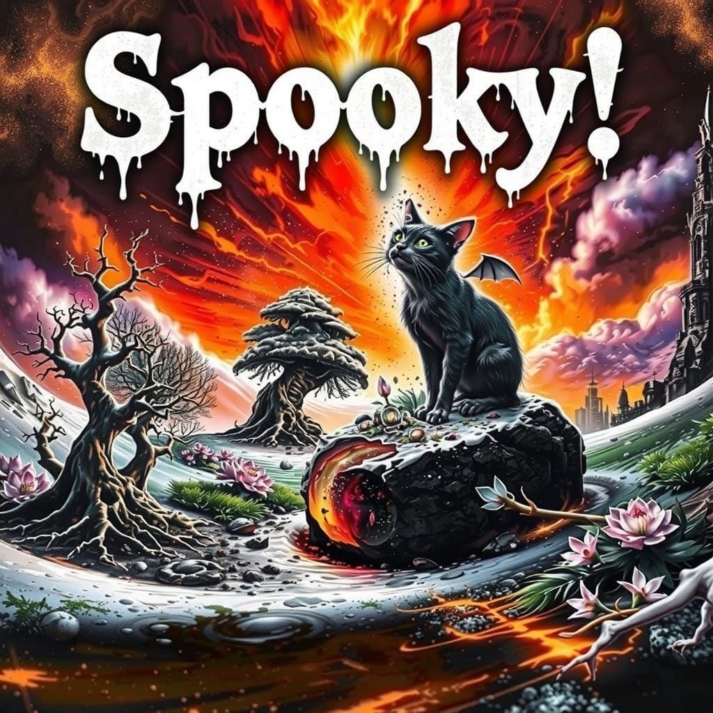 Regal Black Cat Reigns Over Hellish Wonderland in Gothic Hor...