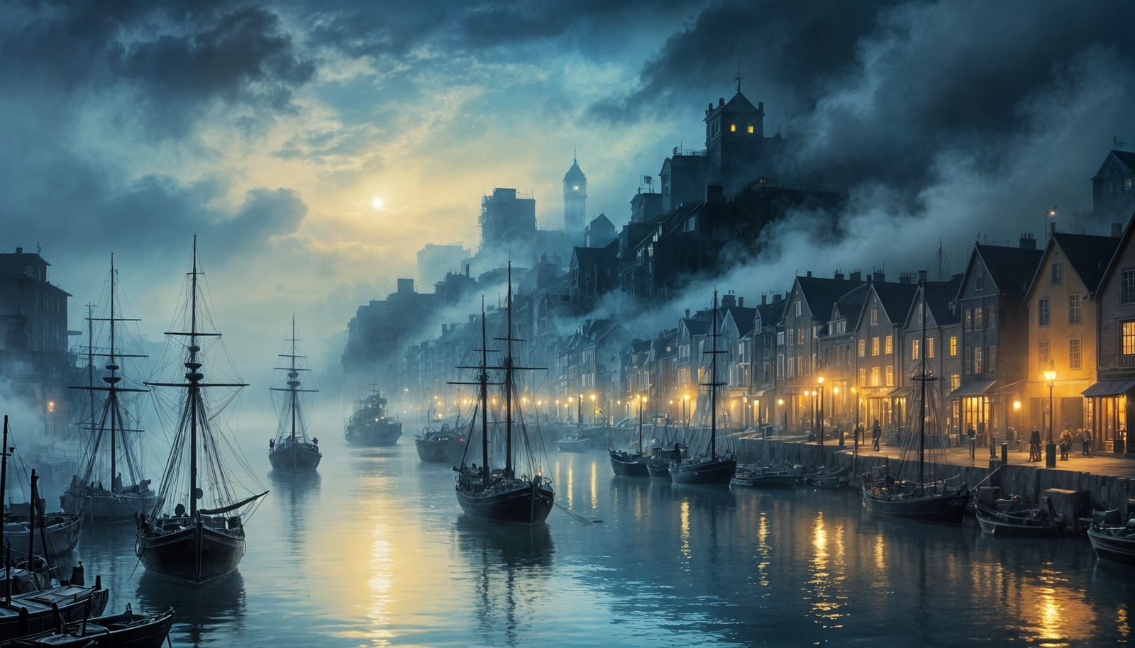 Glowing Blue Harbor Scene in Misty Watercolor Style
