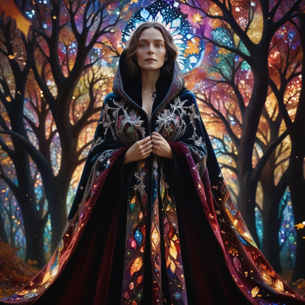 Cosmic Surrealism: Woman in Autumnal Stained Glass