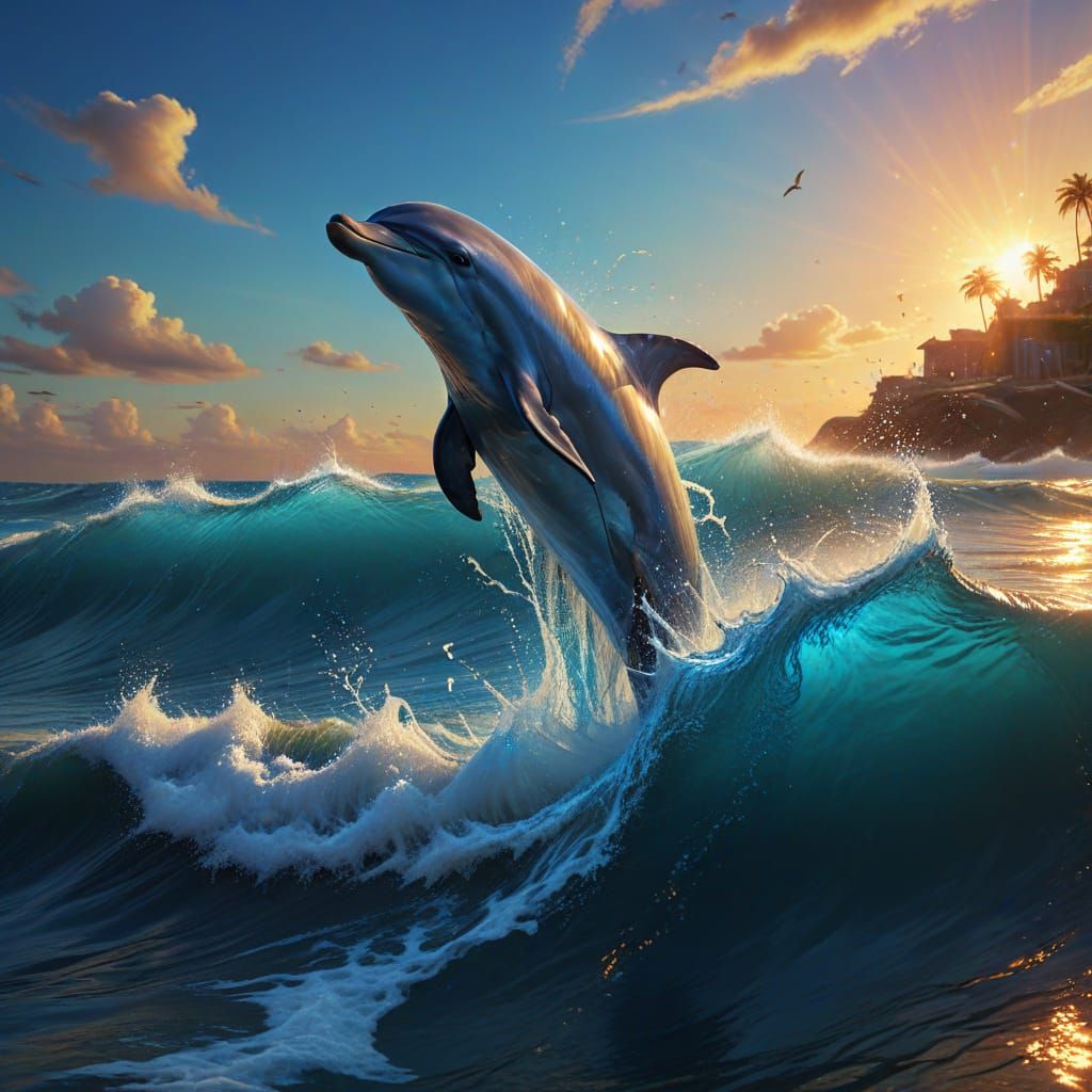 Dolphin Leaping from Iridescent Waves in Golden Hour Oil Pai...