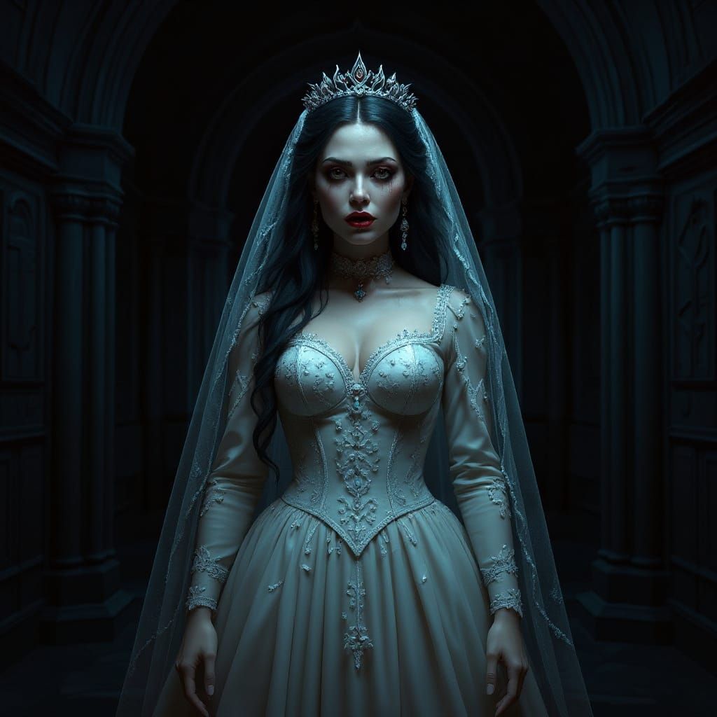 Horror Bride in Crypt with White Wedding Dress