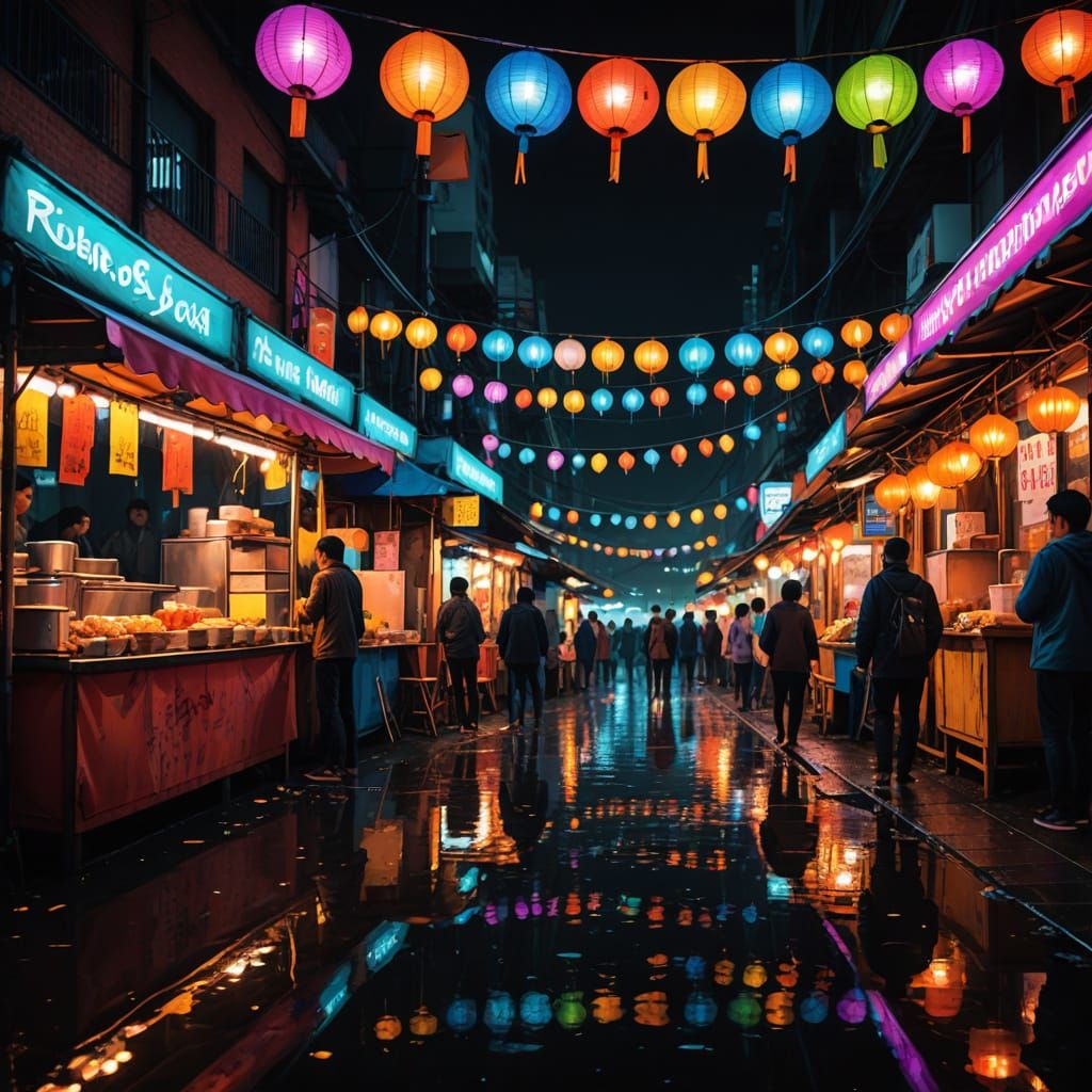 Vibrant Street Food Scene in Neon-Lit Night Market