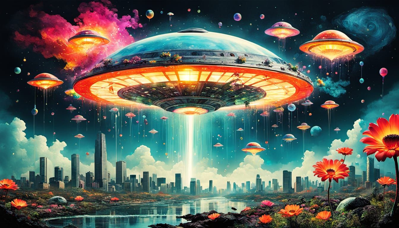 Psychedelic Galactic Invasion in Vibrant Biopunk Cityscape