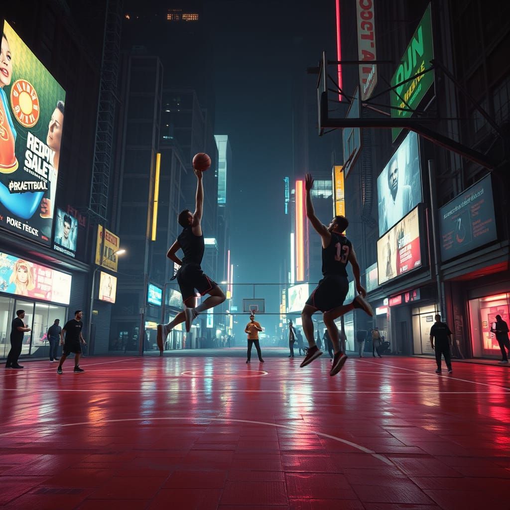 Cyberpunk Basketball in Neon City at Night