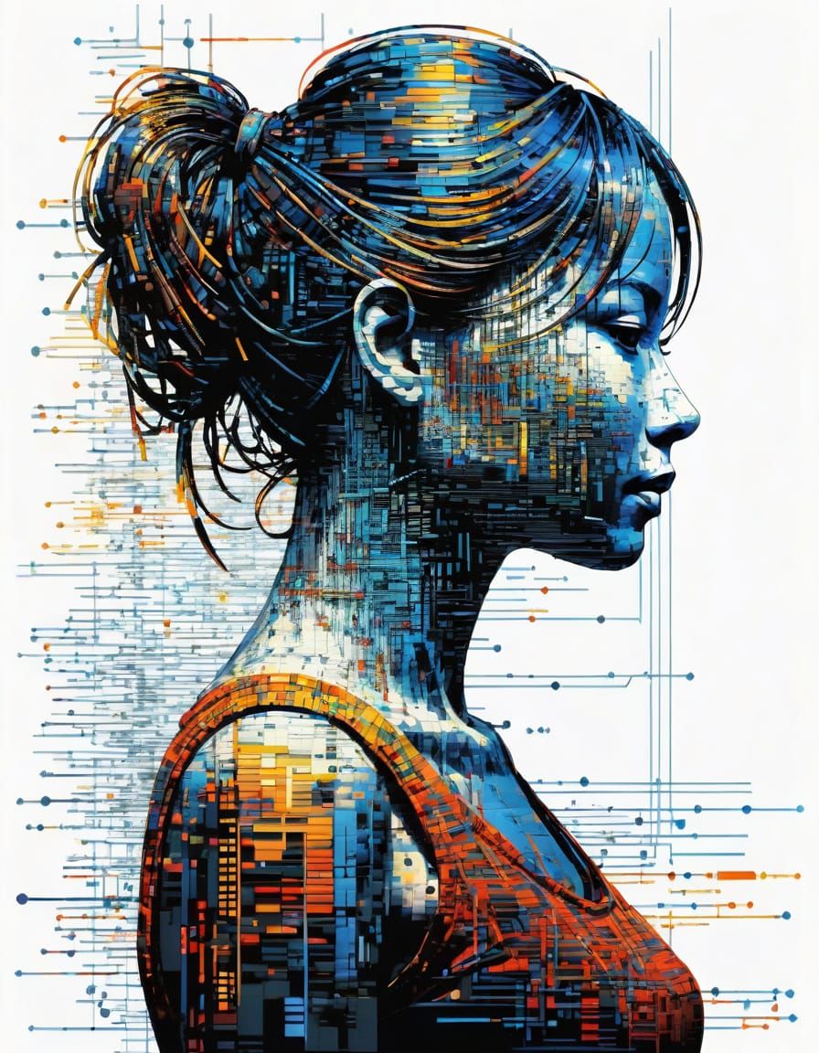 Woman Silhouette Made of Code Lines Abstract Art