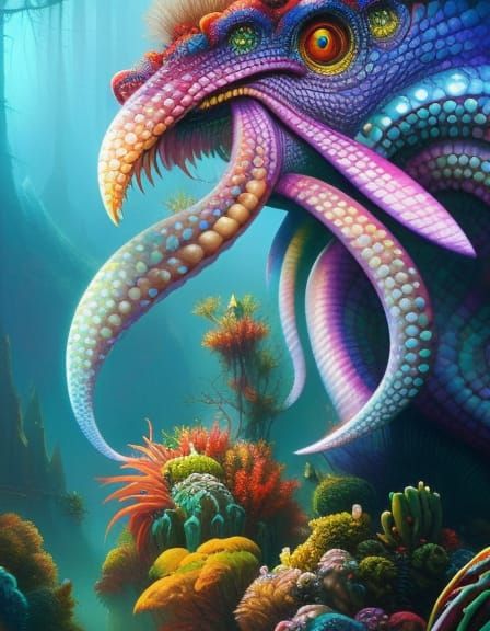 Whimsical Octopus Portrait in Fantasy Underwater Garden