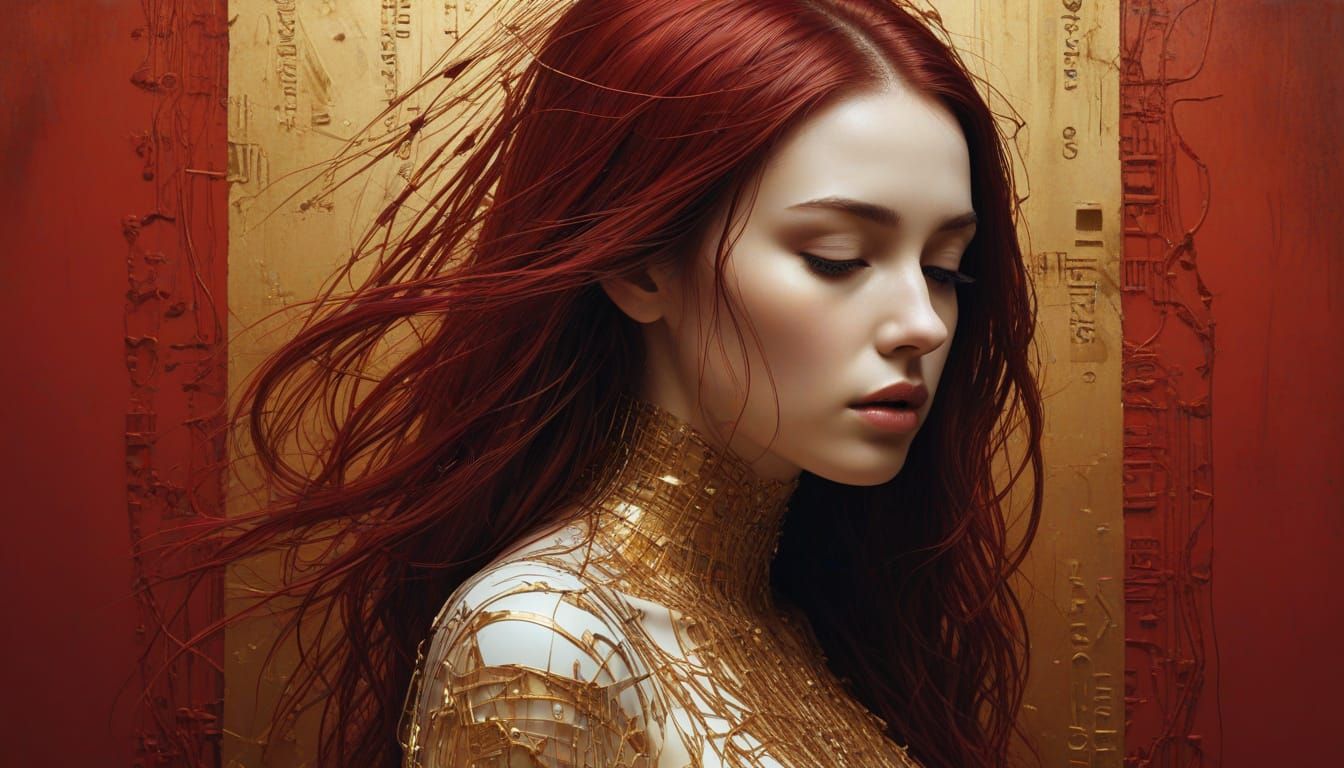 Melancholic Woman Dissolving into Byzantine Industrial Wall