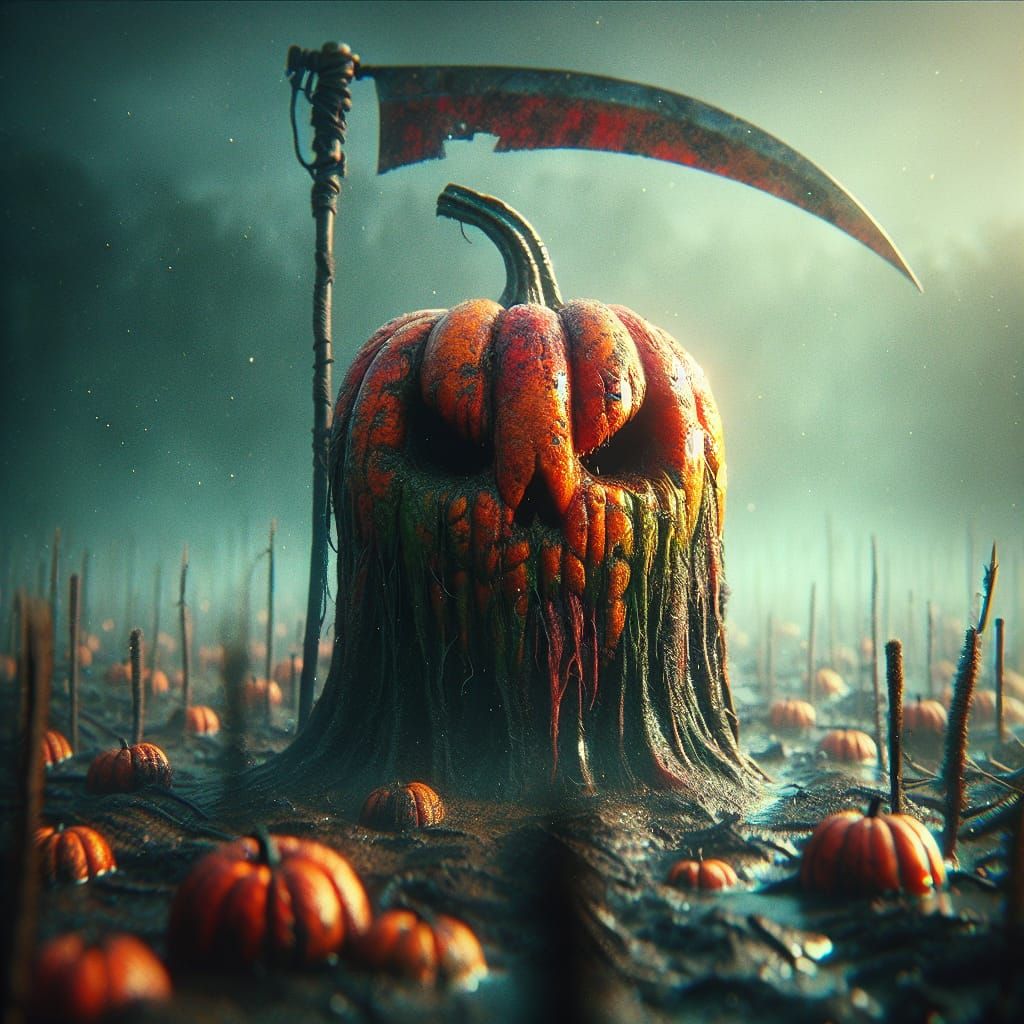 Dystopian Pumpkin Warrior in a Grungy Field