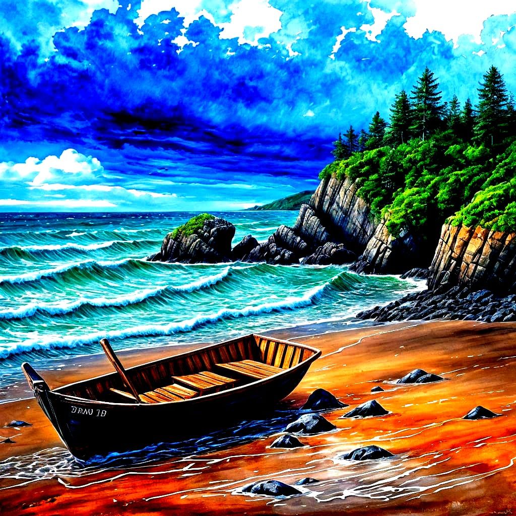 Rainy Beach Scene with Rocks, Waves, and Boats in Watercolor...