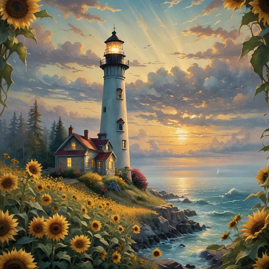 Lighthouse Amidst Sunflowers: Ethereal Fantasy Art