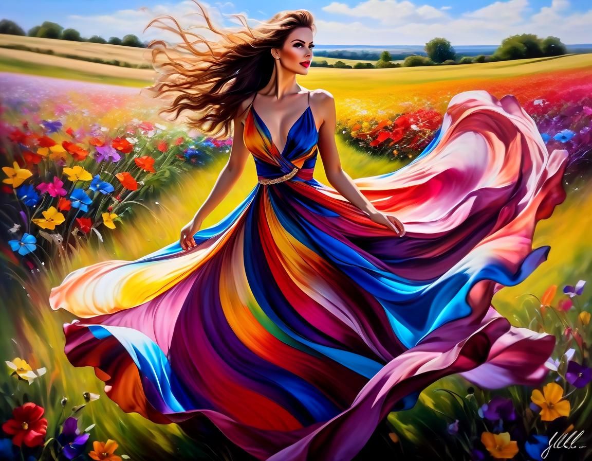 Woman Dancing in Flower Field as Oil Painting