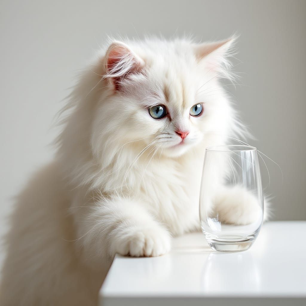 Curious White Cat Pushes Glass Off Table Realistic Photo