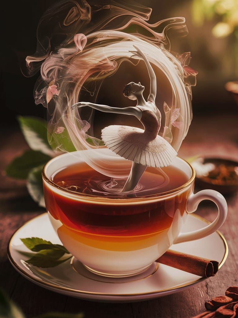 Vapor Ballerina Emerging from Teacup: Surreal Artwork