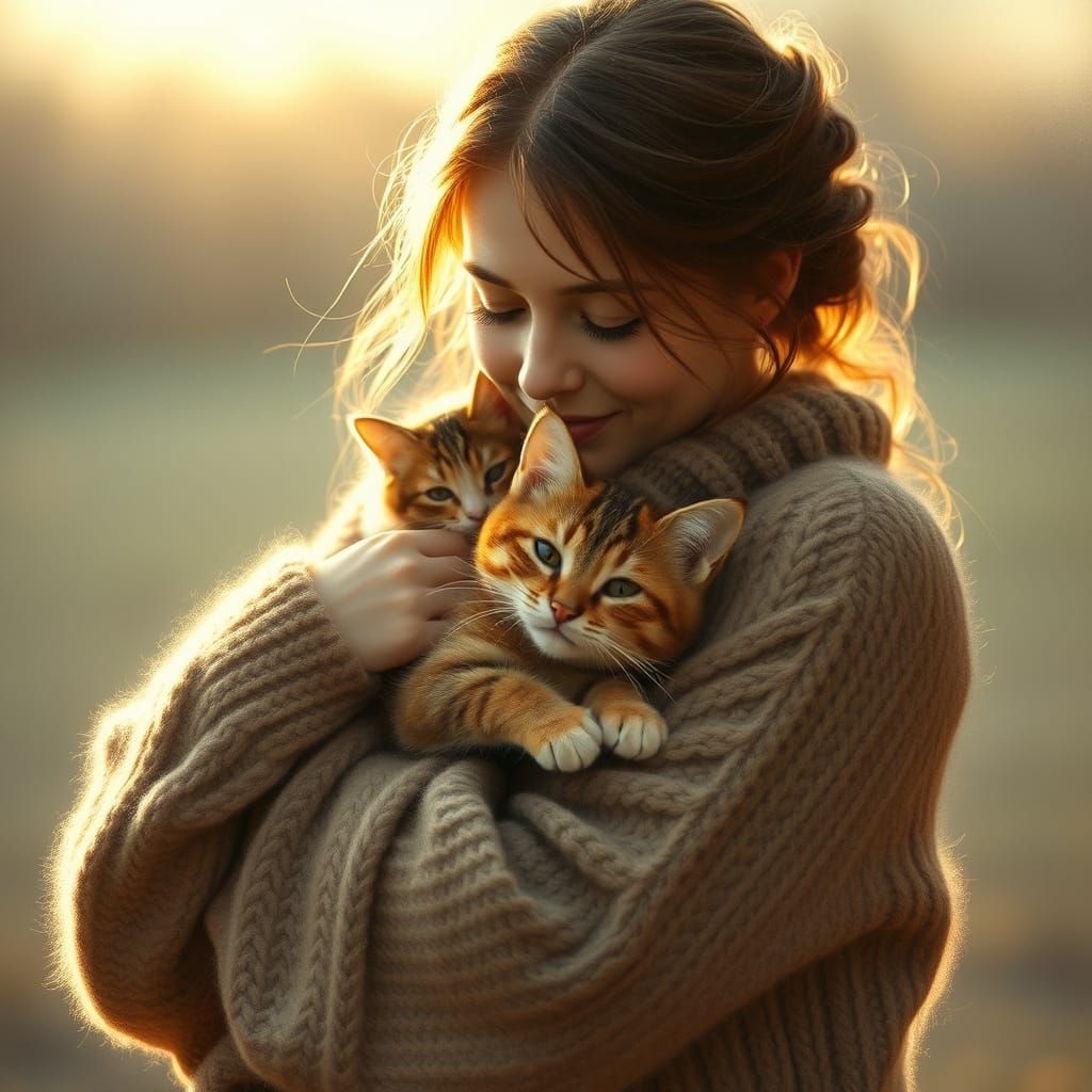 Gentle Woman Affectionately Holds Cat, Beatrix Potter Style