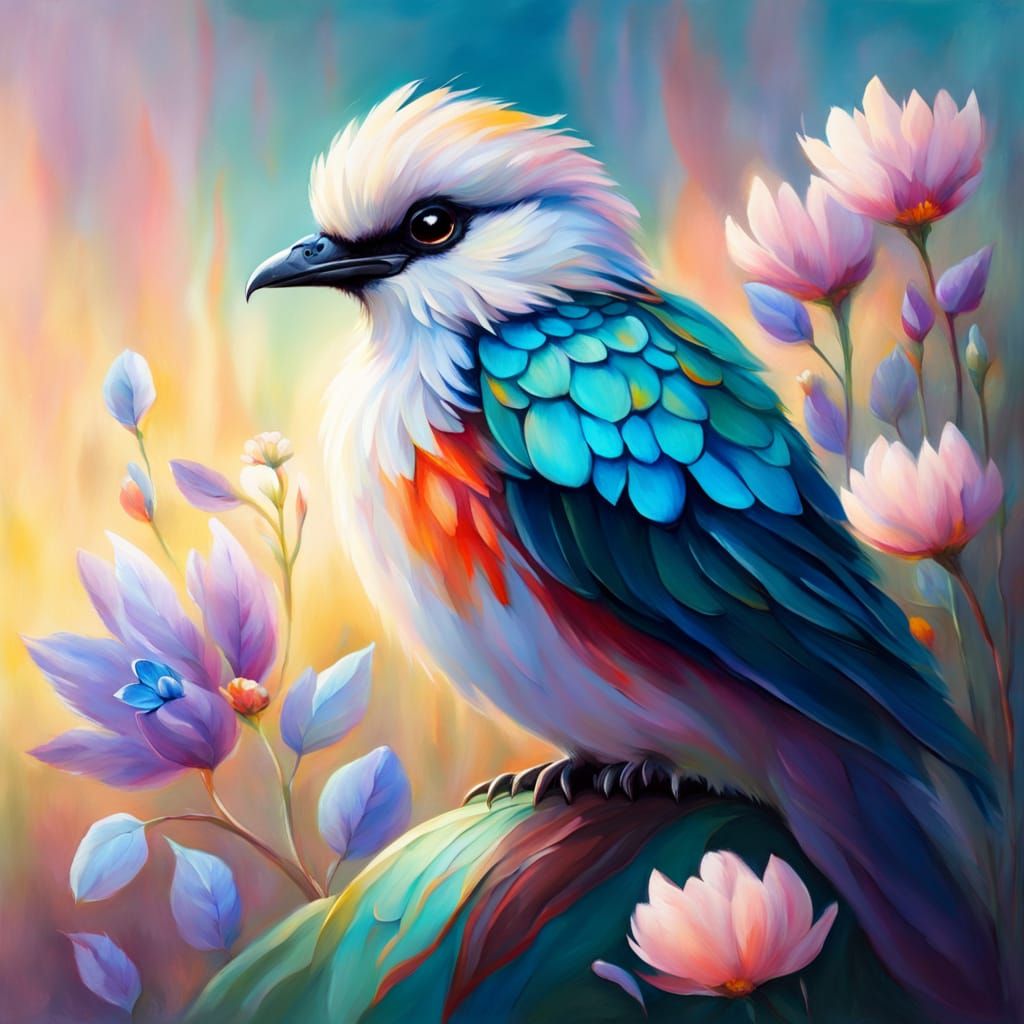 Bird on Flower in Impressionist Oil Painting