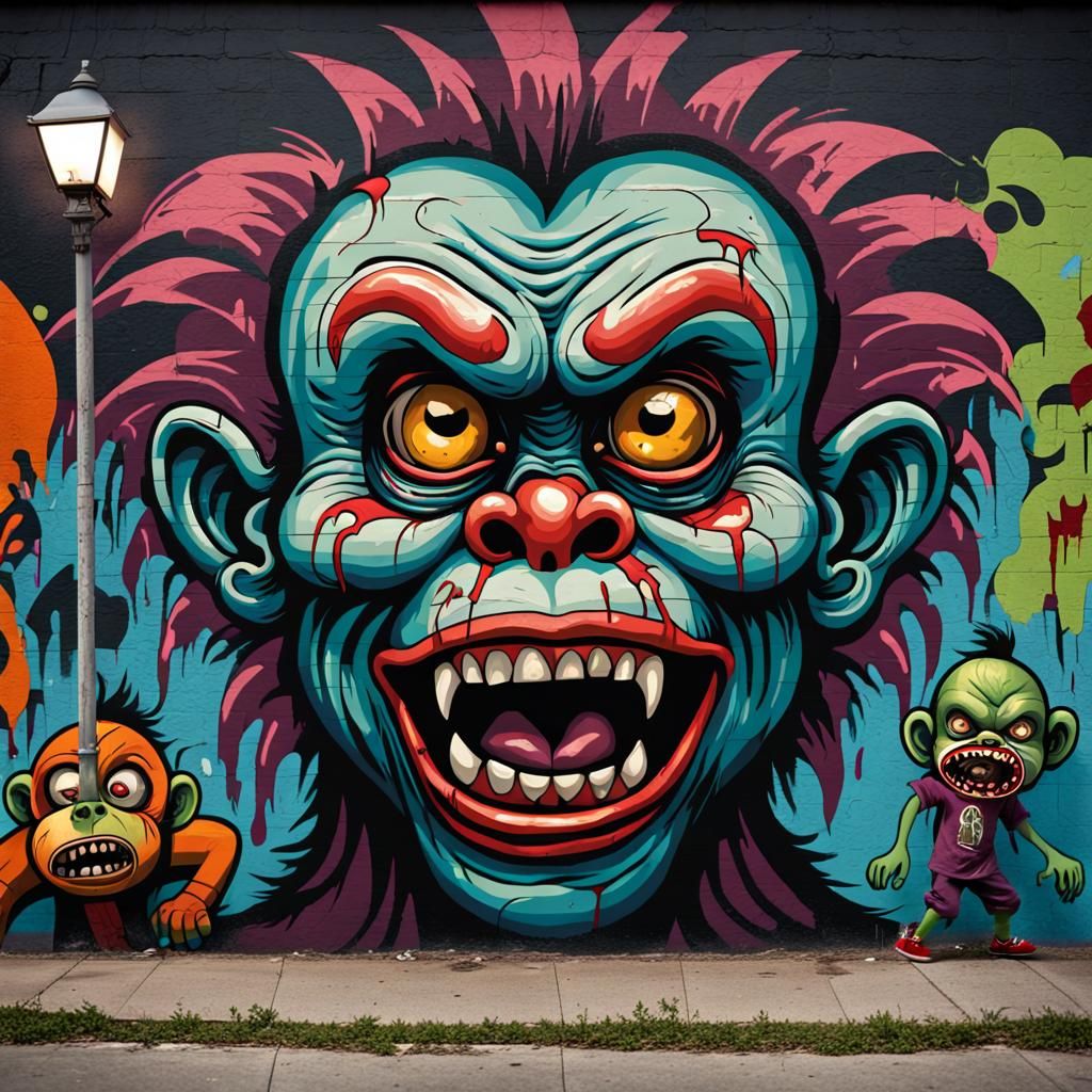 Scary Zombie Monkey Clown Mural in Urban Street Art