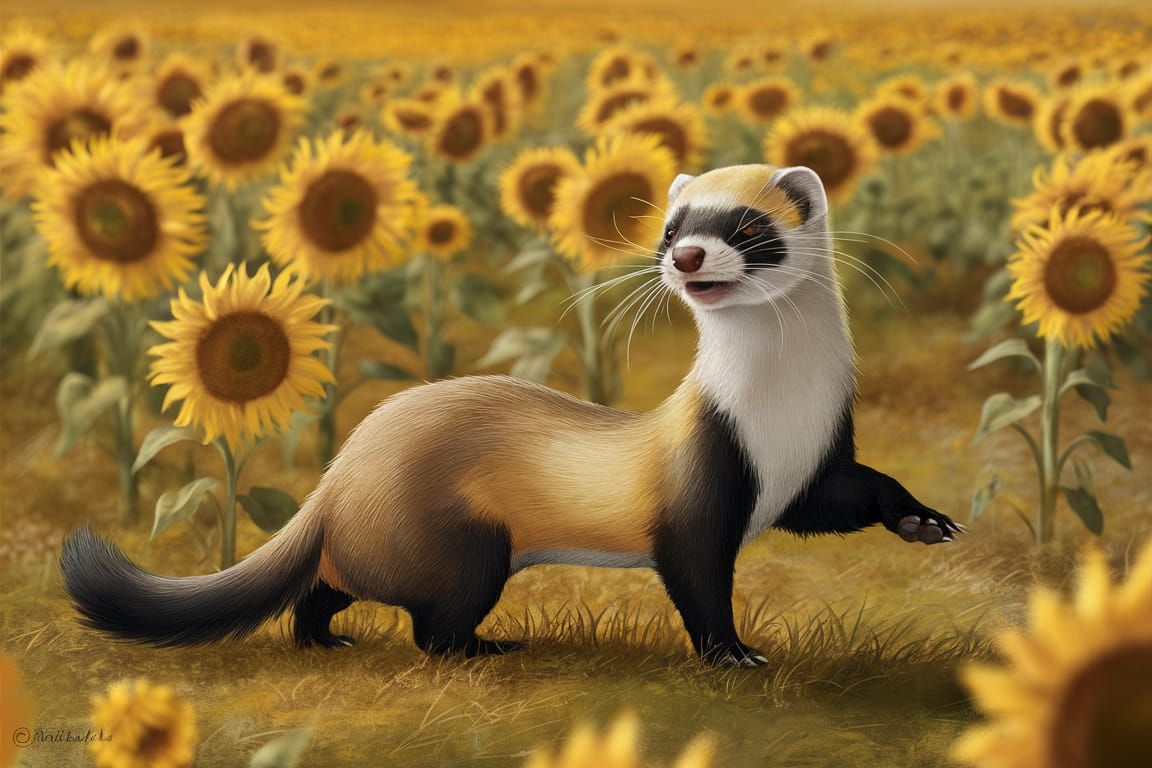 Black-Footed Ferret Frolicking in a Sunflower Field