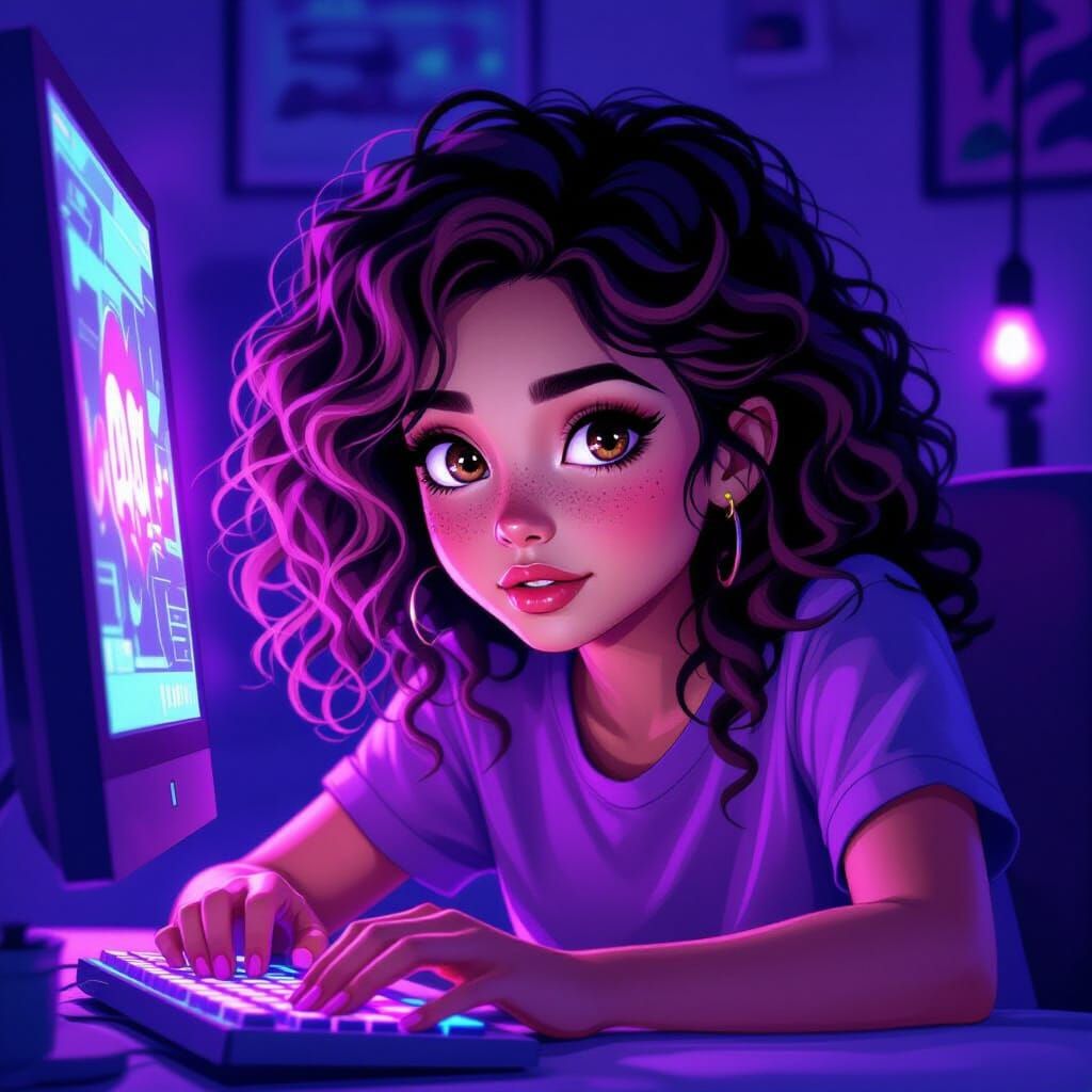 Teenage Girl Playing Five Nights at Freddy's with LED Lighti...