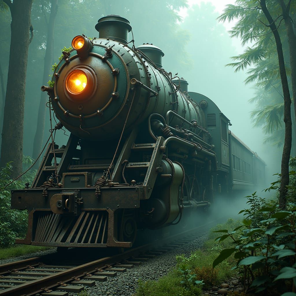 Biopunk Locomotive Through Misty Tropical Forest