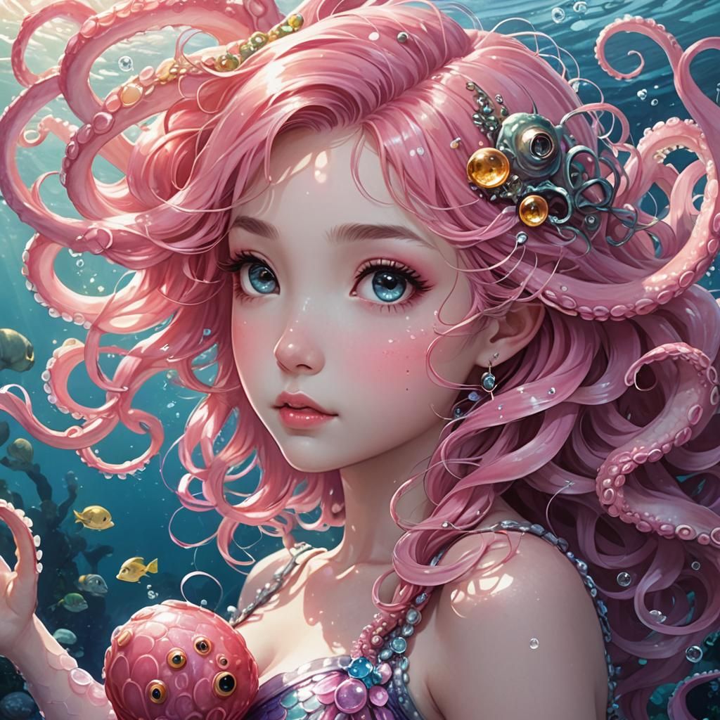 close-up, anime, Adorable Cute, Disney cartoon, cute pink mermaid octopus