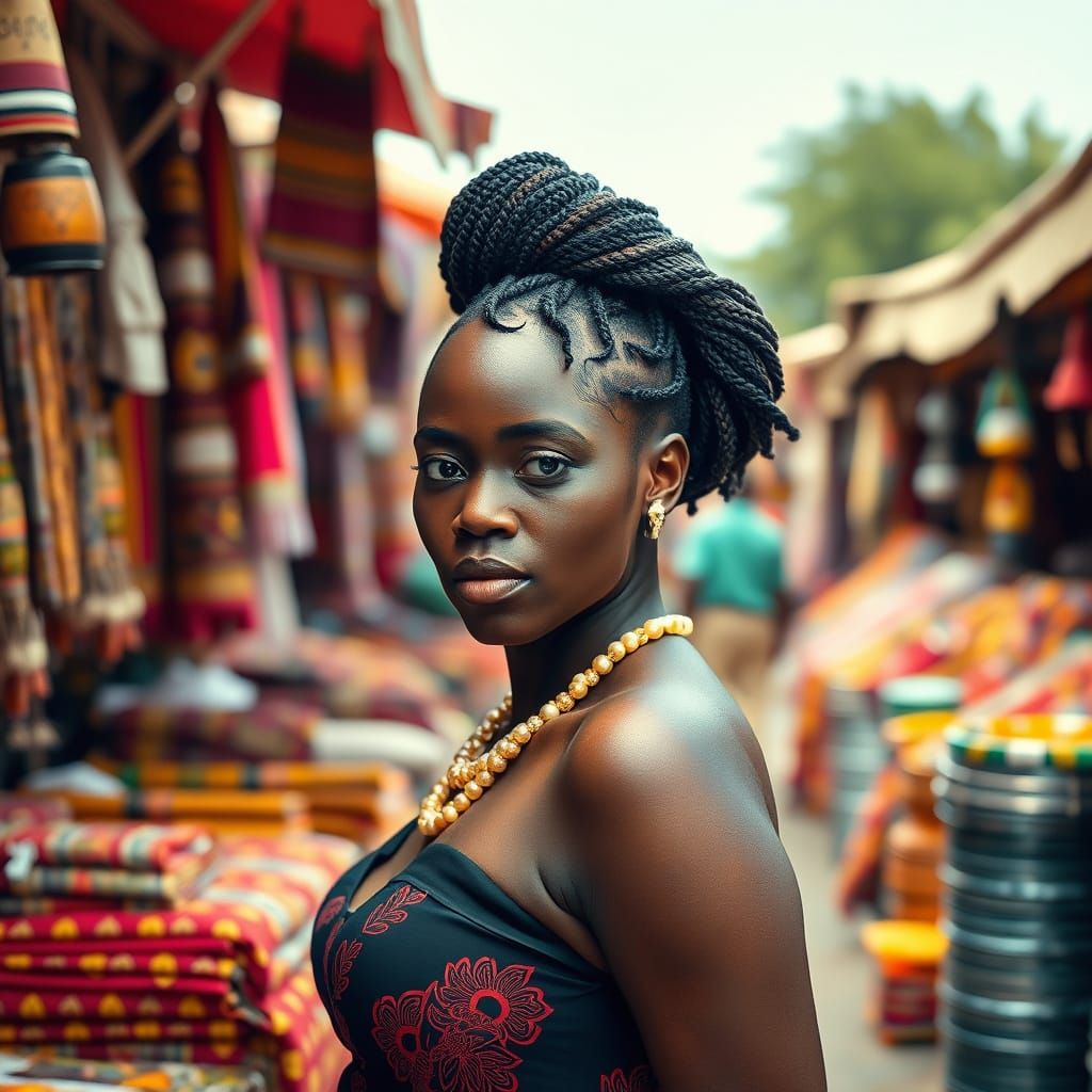Black Woman with Braids in Lively Outdoor Market