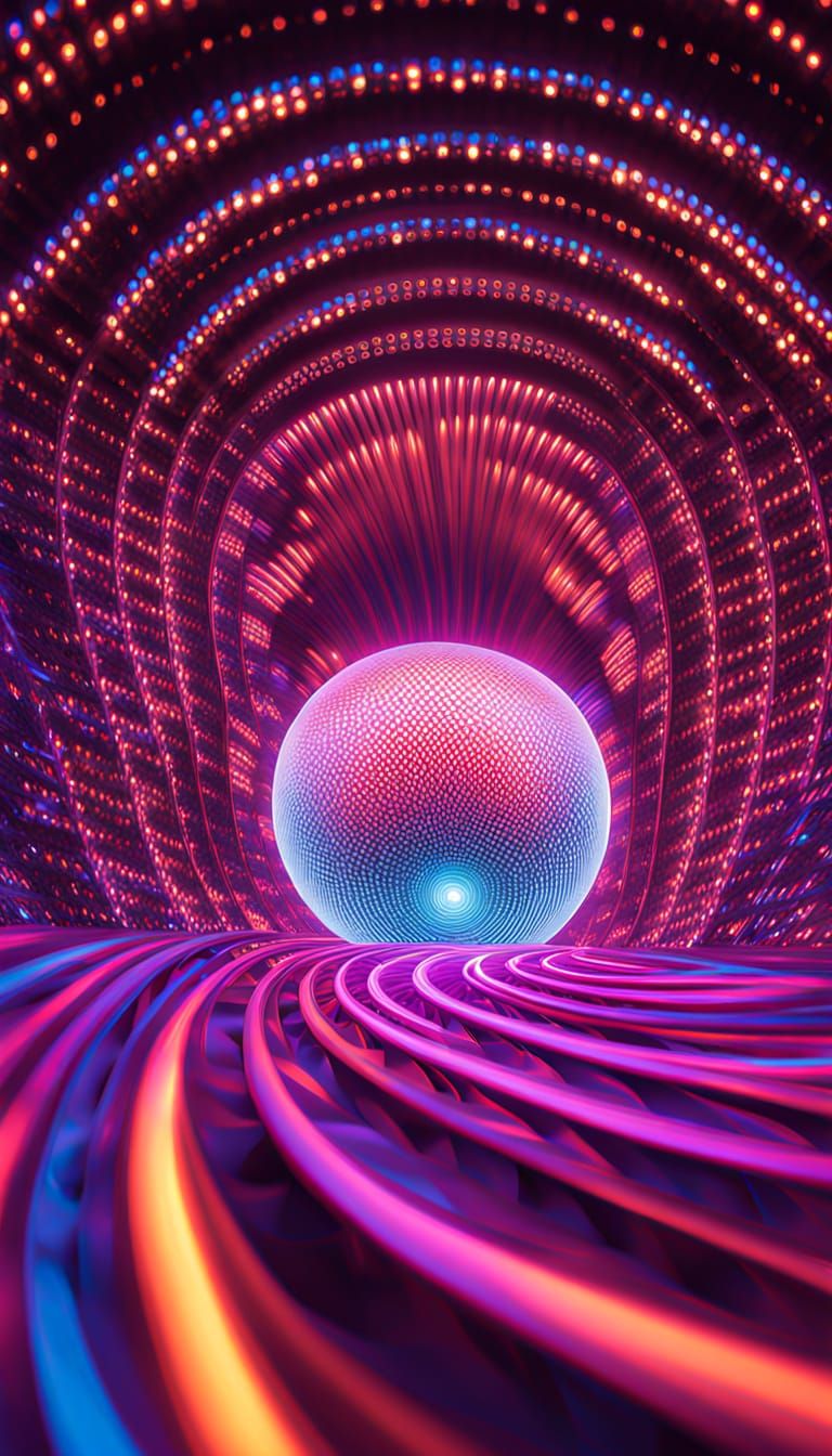 Radiant Neon Interference Patterns in Spherical Matrix