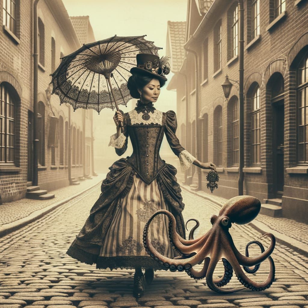 Steampunk Lady Walking Octopus in Sepia Tone