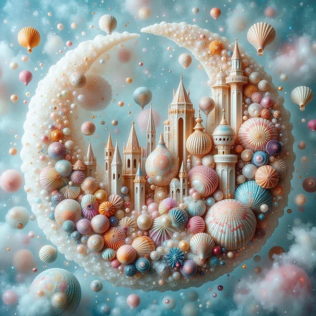 Fantasy City on Shell in Dreamlike Pastel Colors