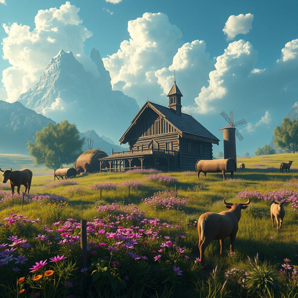 Surreal Farm Landscape in Vibrant Fantasy Style