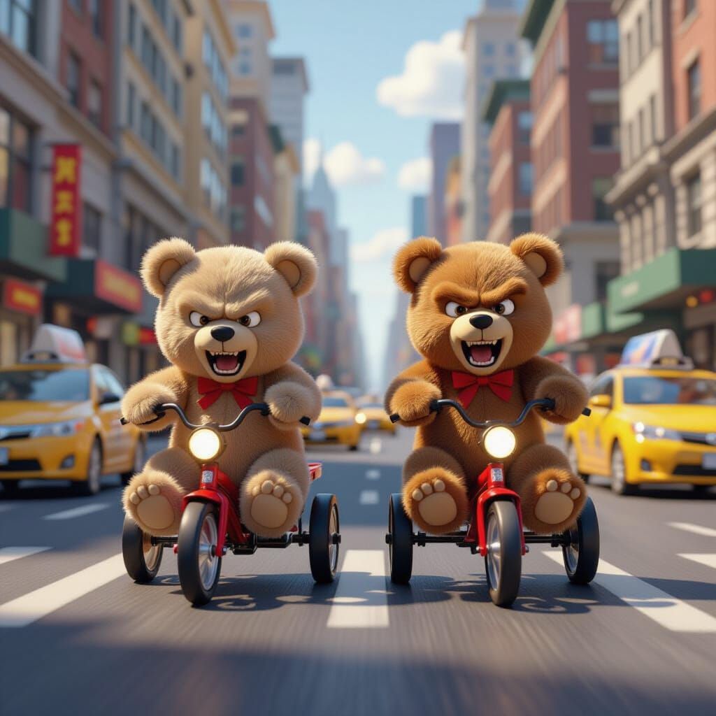 Teddy Bears Race Tricycles Down City Street in Pixar Style
