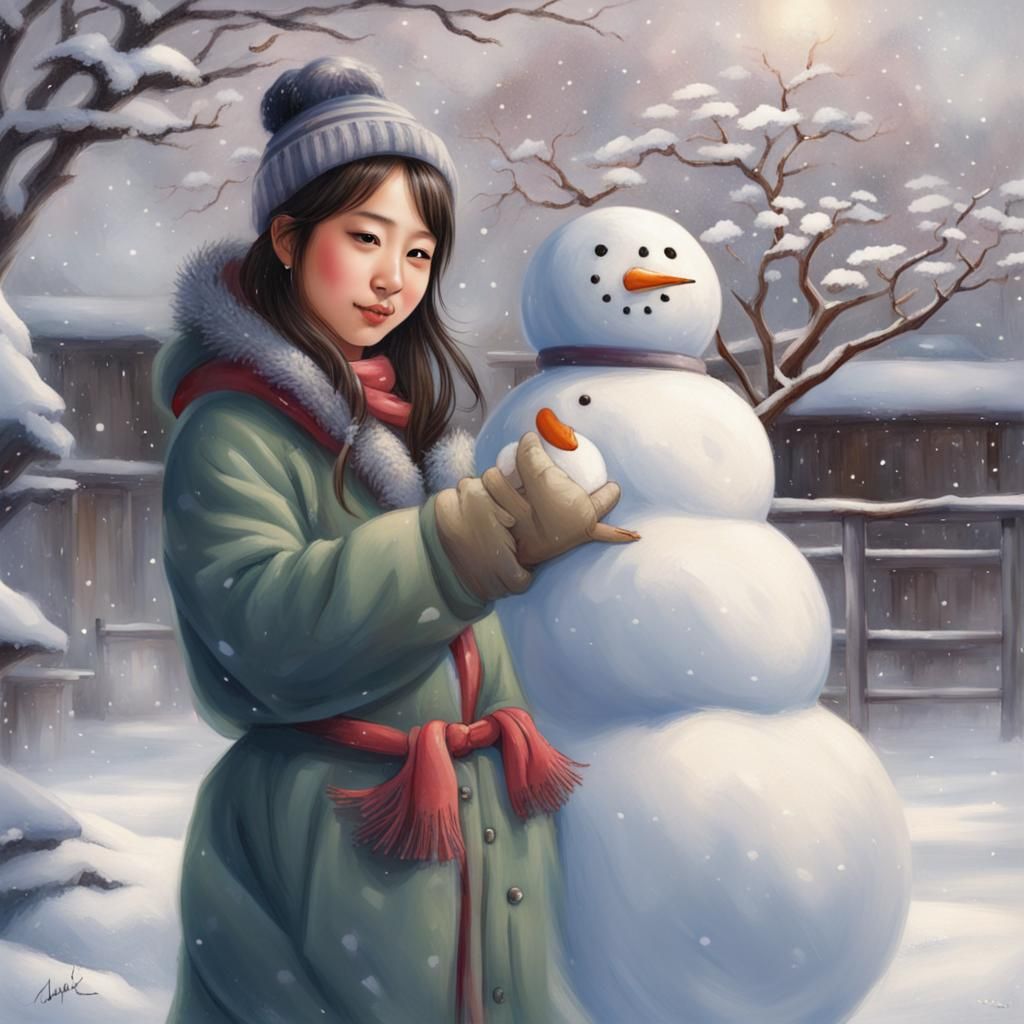 Girl Builds Snowman in Oriental Style
