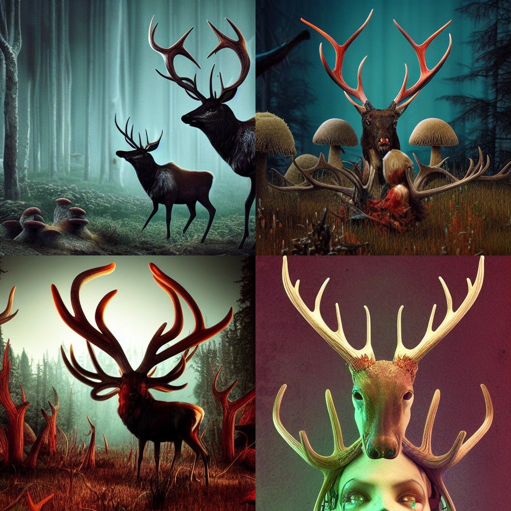 Mushroom Antler Elk in Burtonesque Biopunk Forest