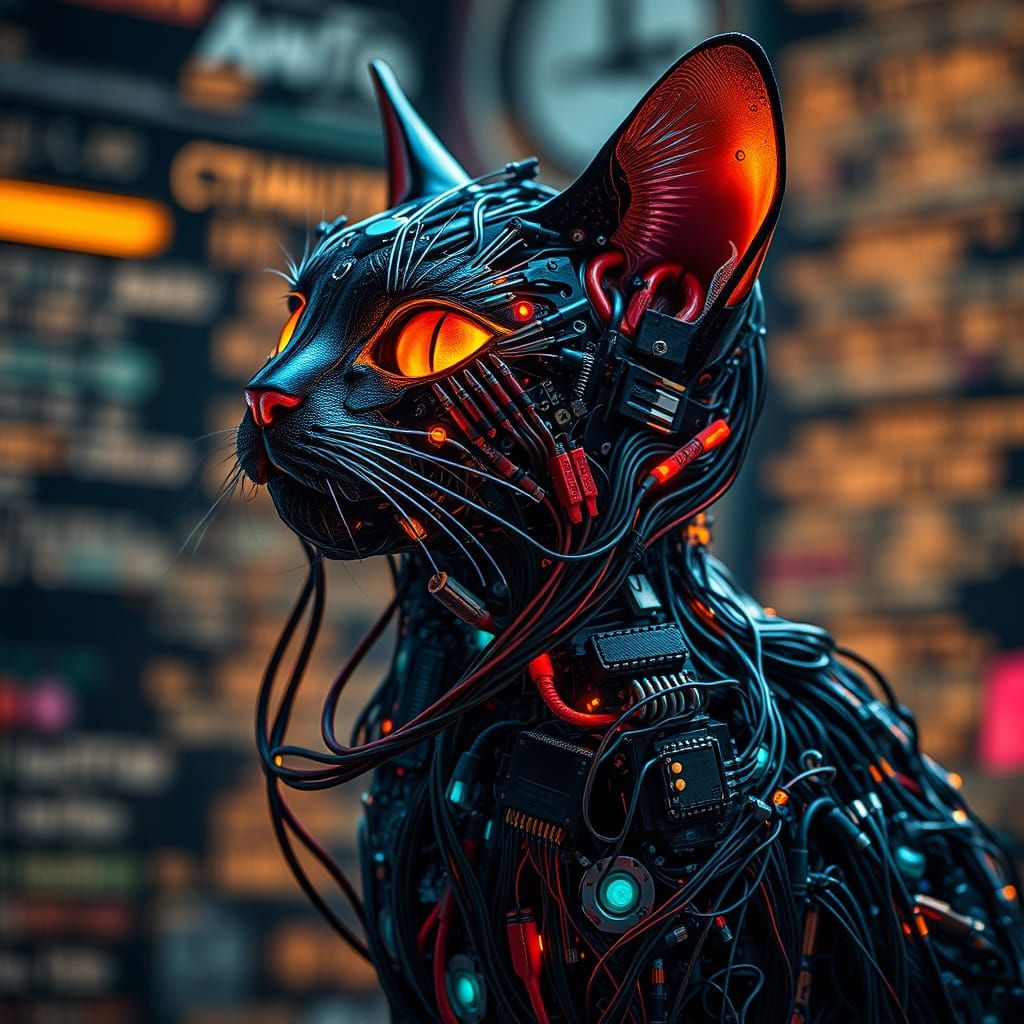 Cybernetic Feline Formed from Circuitry and Microchips
