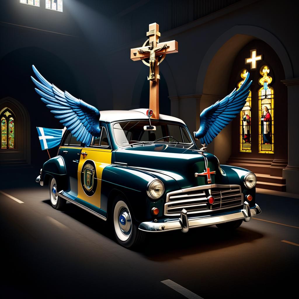 Hyperrealistic Missionary Car with Cross Emblem