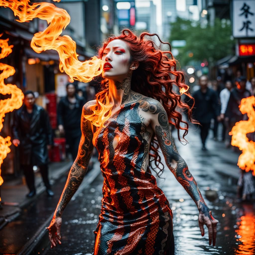 Macabre Demon Engulfed in Flames on Hibiya Street